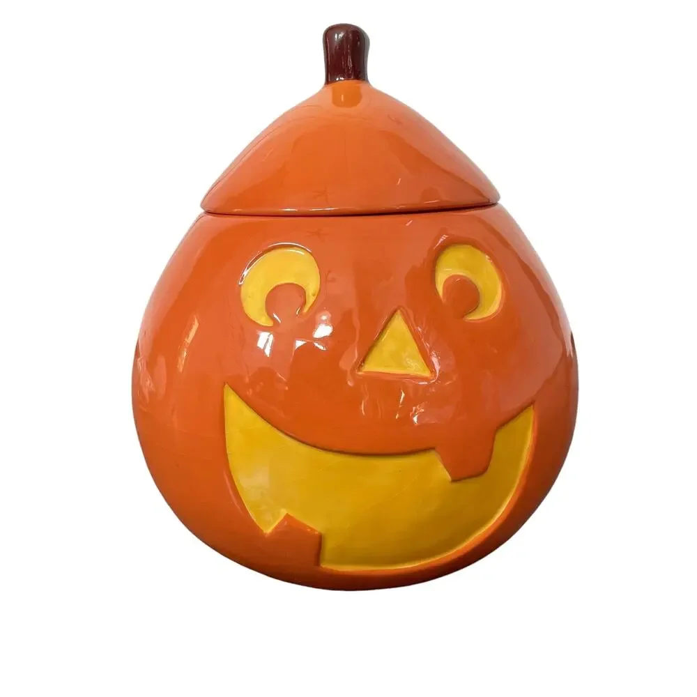 Halloween Jack O Lantern Cookie Jar Ceramic Orange Pumpkin Boston Warehouse